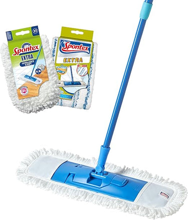 pontex Extra Mopa extraplana - Mopa versátil de microfibras para superficies secas y húmedas - Longitud ajustable (80-140cm) - Limpia suelos laminados, de madera y baldosas - 1 recambio